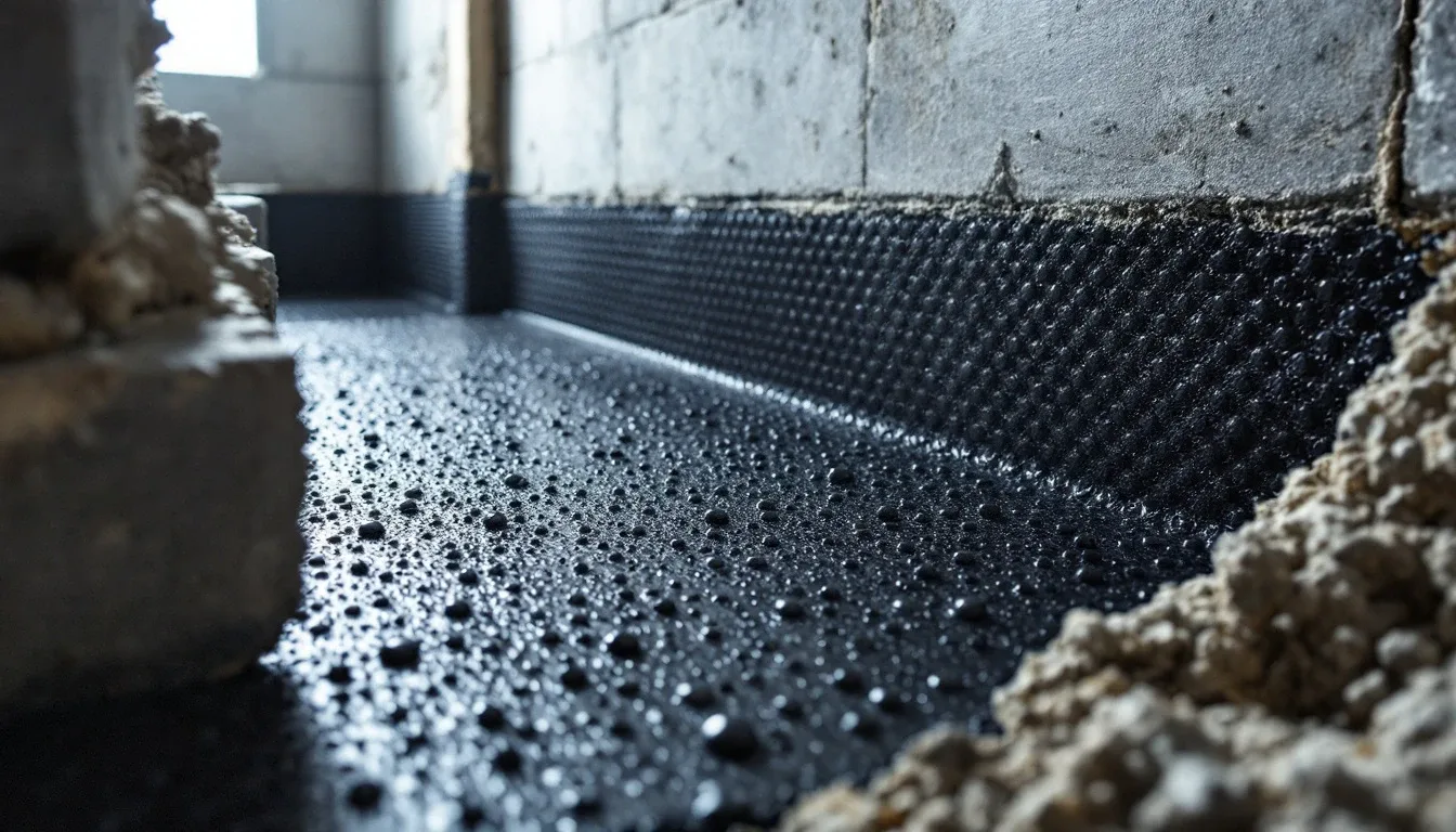 Black dimpled cavity drain membrane with raised nodules installed on basement concrete wall