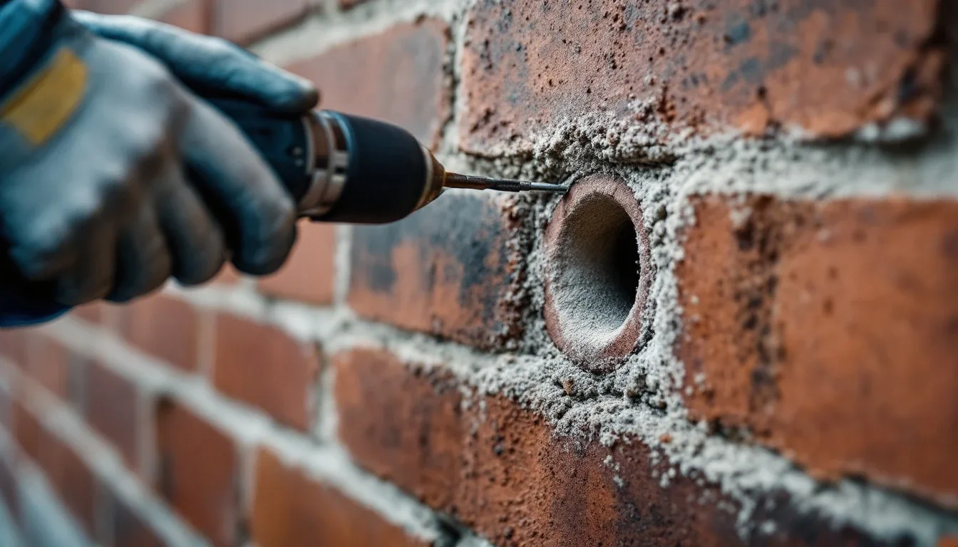 Drill bit entering brick wall for chemical damp proof course injection, showing drilled holes and brick dust