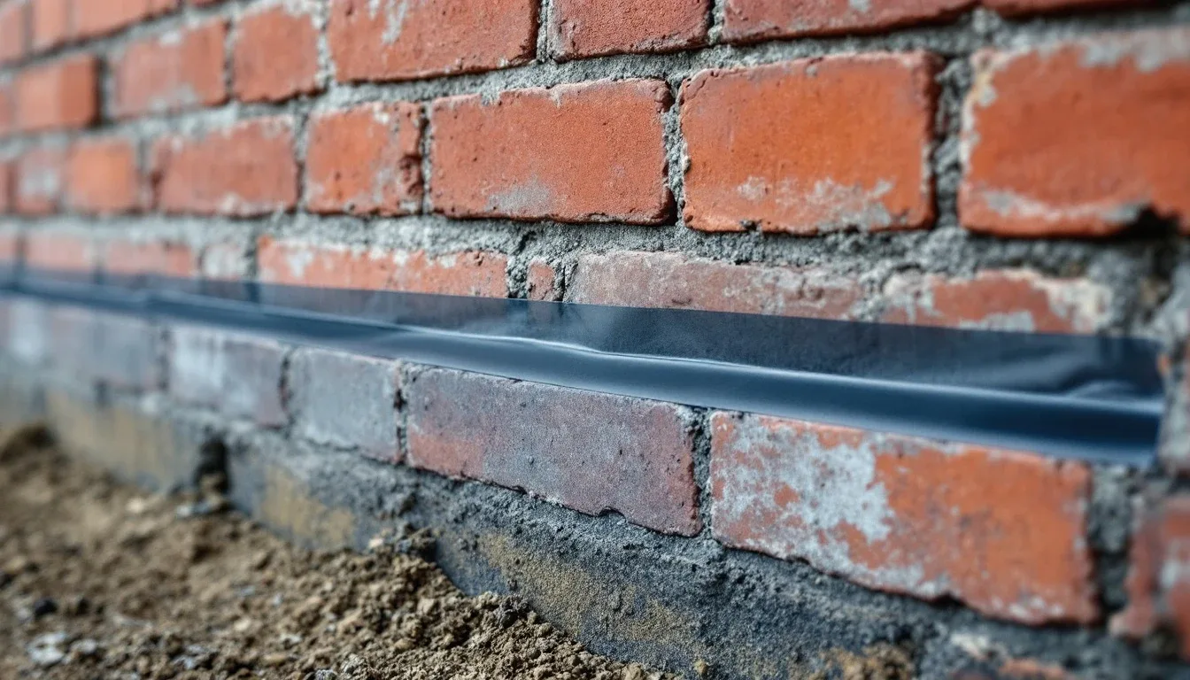Horizontal damp proof course membrane visible between brick courses in UK wall construction