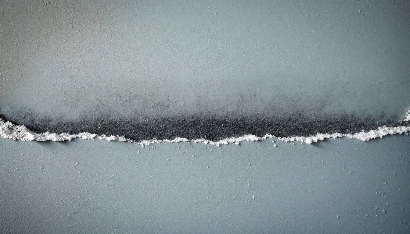 Victorian brick wall with distinct horizontal tide mark showing rising damp, white salt efflorescence, and peeling plaster